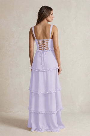 Tiered Ruffled A-Line Bridesmaid Dress With Slit in Lavender (2) | KISSBRIDAL