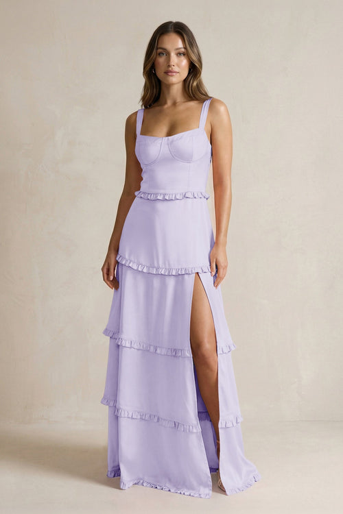 Tiered Ruffled A - Line Bridesmaid Dress With Slit in Lavender - KISS BRIDAL Bridesmaid Dresses