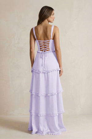 Tiered Ruffled A - Line Bridesmaid Dress With Slit in Lavender - KISS BRIDAL Bridesmaid Dresses