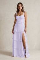 Tiered Ruffled A-Line Bridesmaid Dress With Slit in Lavender | KISSBRIDAL