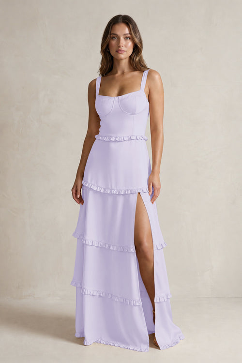 Tiered Ruffled A-Line Bridesmaid Dress With Slit in Lavender | KISSBRIDAL