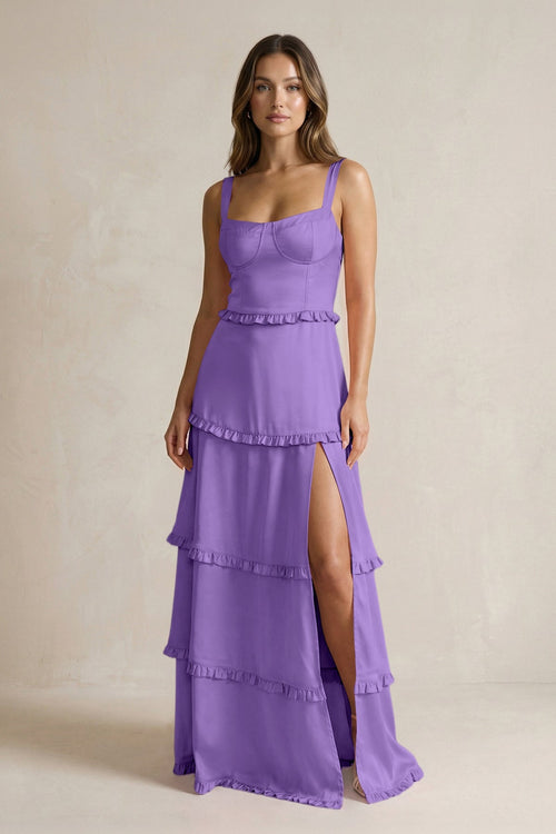 Tiered Ruffled A - Line Bridesmaid Dress With Slit in Lilac - KISS BRIDAL Bridesmaid Dresses