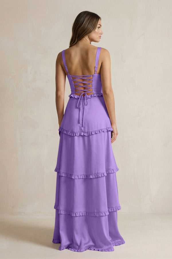 Tiered Ruffled A - Line Bridesmaid Dress With Slit in Lilac - KISS BRIDAL Bridesmaid Dresses