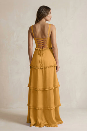 Tiered Ruffled A - Line Bridesmaid Dress With Slit in Marigold - KISS BRIDAL Bridesmaid Dresses