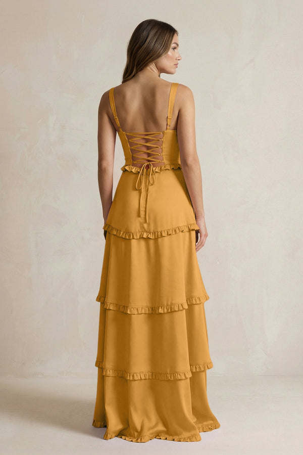 Tiered Ruffled A - Line Bridesmaid Dress With Slit in Marigold - KISS BRIDAL Bridesmaid Dresses