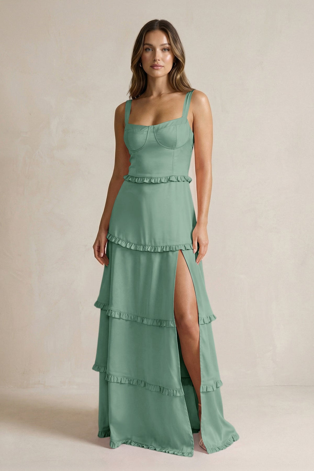 Tiered Ruffled A - Line Bridesmaid Dress With Slit in Mint Green - KISS BRIDAL Bridesmaid Dresses