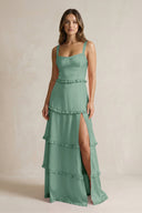 Tiered Ruffled A - Line Bridesmaid Dress With Slit in Mint Green - KISS BRIDAL Bridesmaid Dresses