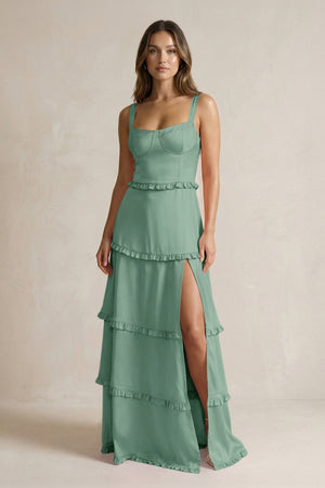 Tiered Ruffled A - Line Bridesmaid Dress With Slit in Mint Green - KISS BRIDAL Bridesmaid Dresses