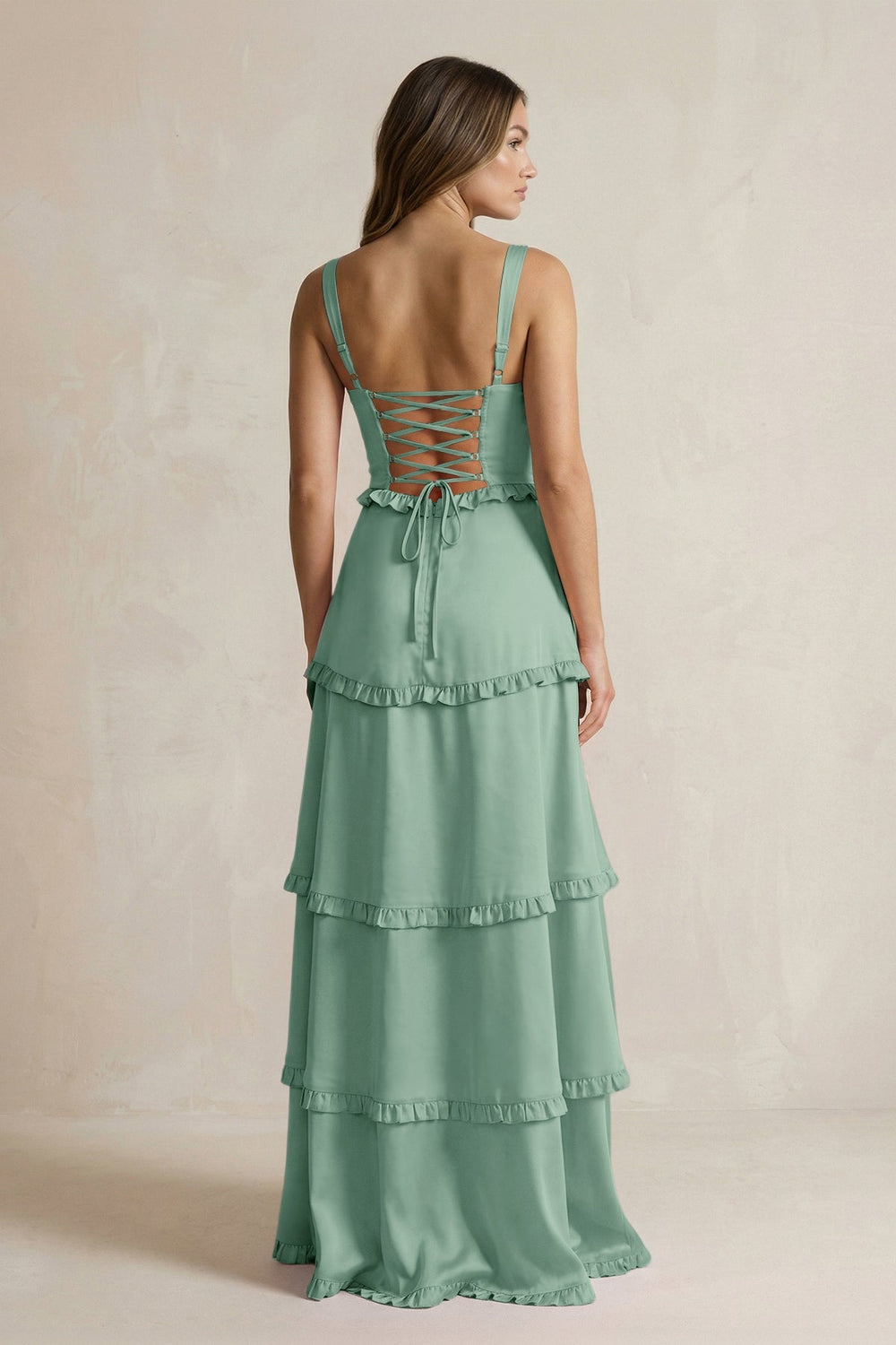 Tiered Ruffled A - Line Bridesmaid Dress With Slit in Mint Green - KISS BRIDAL Bridesmaid Dresses