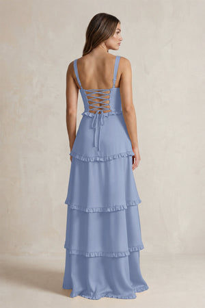 Tiered Ruffled A-Line Bridesmaid Dress With Slit in Mist (2) | KISSBRIDAL