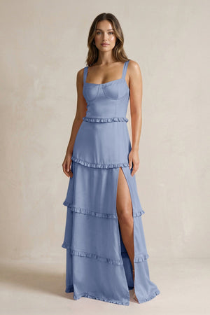 Tiered Ruffled A - Line Bridesmaid Dress With Slit in Mist - KISS BRIDAL Bridesmaid Dresses