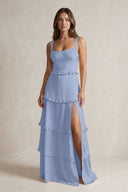 Tiered Ruffled A-Line Bridesmaid Dress With Slit in Mist | KISSBRIDAL