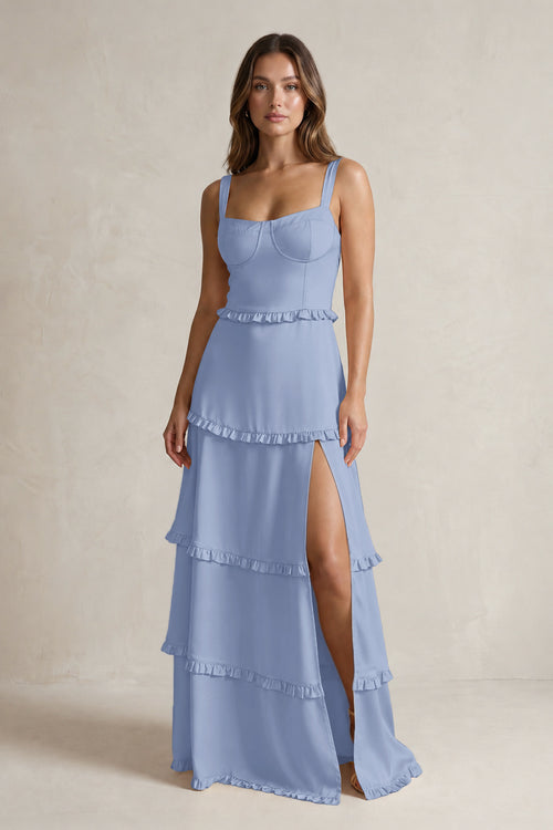 Tiered Ruffled A-Line Bridesmaid Dress With Slit in Mist | KISSBRIDAL