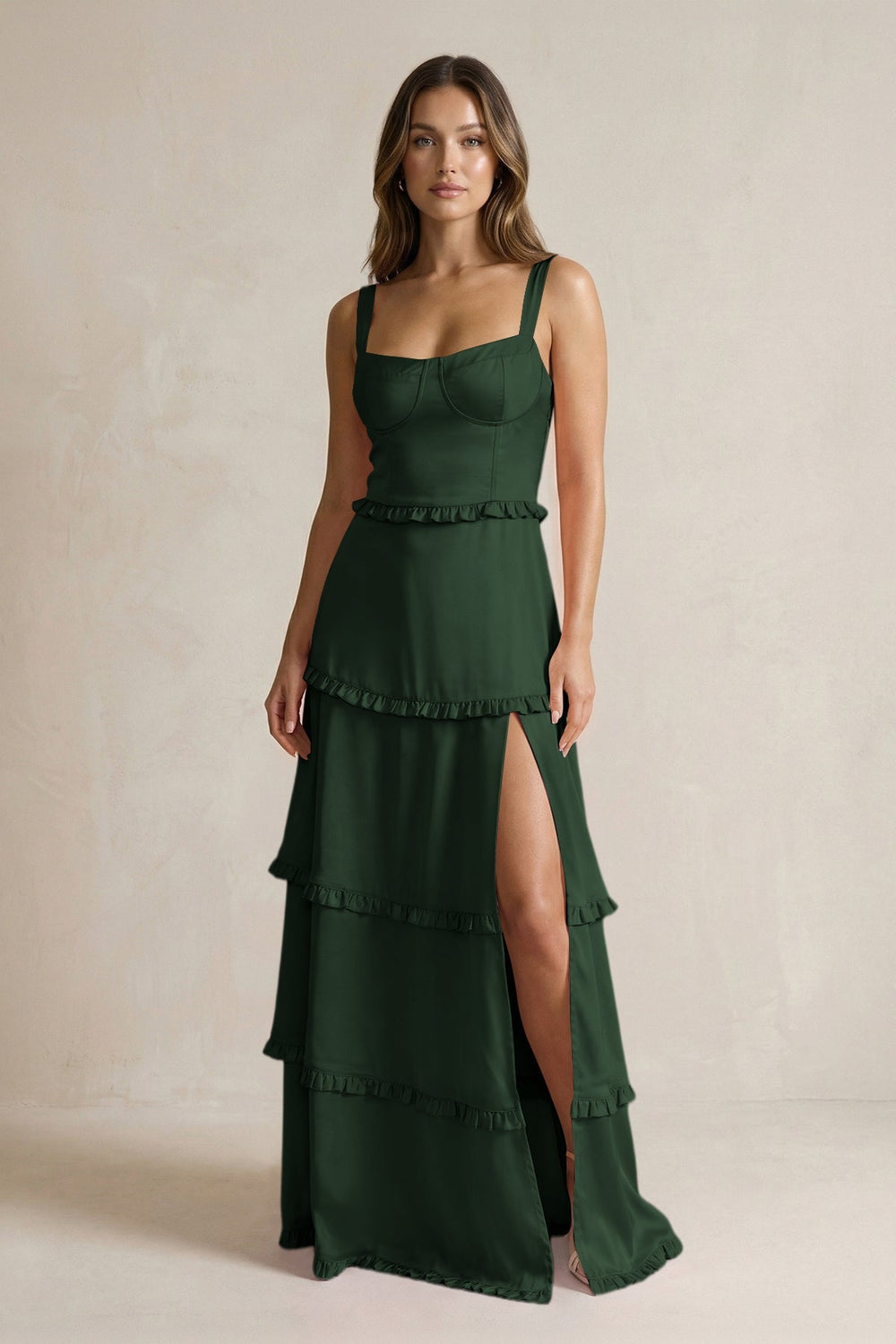 Tiered Ruffled A - Line Bridesmaid Dress With Slit in Moss - KISS BRIDAL Bridesmaid Dresses