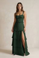 Tiered Ruffled A - Line Bridesmaid Dress With Slit in Moss - KISS BRIDAL Bridesmaid Dresses