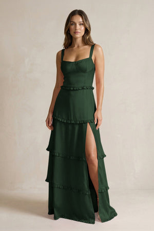 Tiered Ruffled A - Line Bridesmaid Dress With Slit in Moss - KISS BRIDAL Bridesmaid Dresses