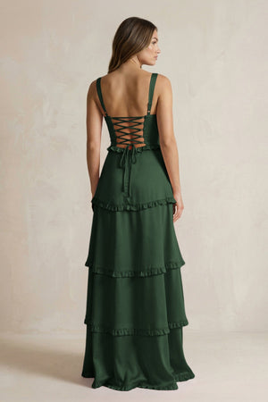 Tiered Ruffled A - Line Bridesmaid Dress With Slit in Moss - KISS BRIDAL Bridesmaid Dresses