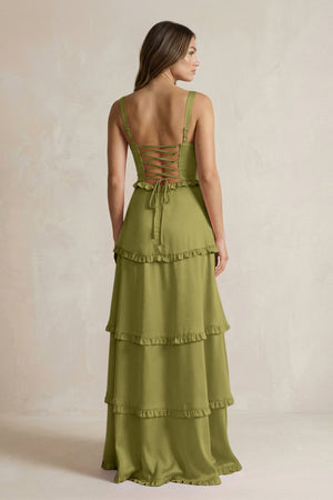 Tiered Ruffled A - Line Bridesmaid Dress With Slit in Moss Green - KISS BRIDAL Bridesmaid Dresses