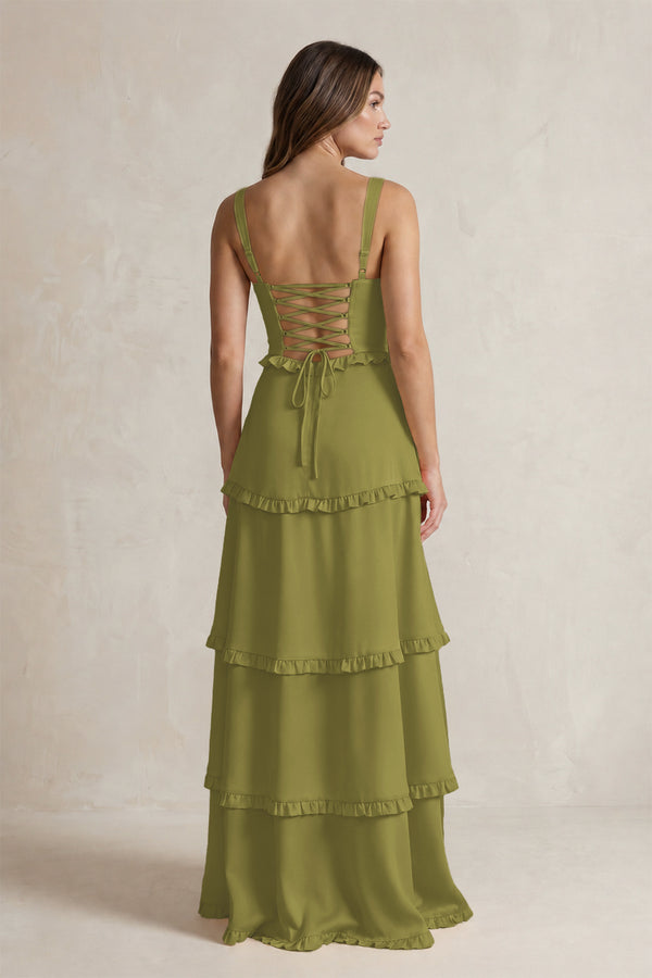 Tiered Ruffled A-Line Bridesmaid Dress With Slit in Moss Green (2) | KISSBRIDAL