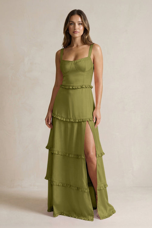 Tiered Ruffled A - Line Bridesmaid Dress With Slit in Moss Green - KISS BRIDAL Bridesmaid Dresses