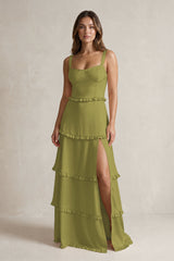 Tiered Ruffled A-Line Bridesmaid Dress With Slit in Moss Green | KISSBRIDAL