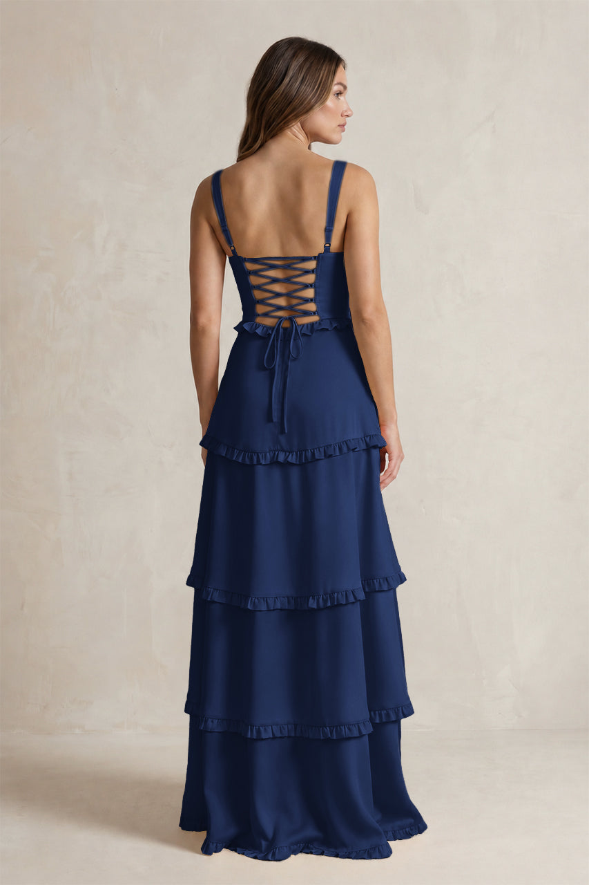 Tiered Ruffled A-Line Bridesmaid Dress With Slit in Navy