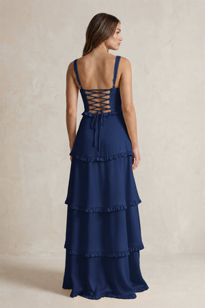 Tiered Ruffled A-Line Bridesmaid Dress With Slit in Navy (2) | KISSBRIDAL