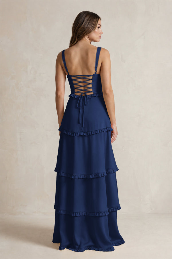 Tiered Ruffled A-Line Bridesmaid Dress With Slit in Navy (2) | KISSBRIDAL