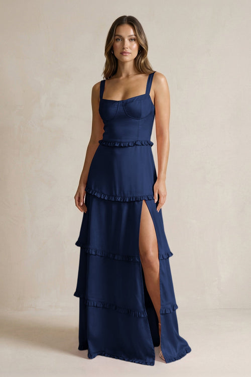 Tiered Ruffled A - Line Bridesmaid Dress With Slit in Navy - KISS BRIDAL Bridesmaid Dresses