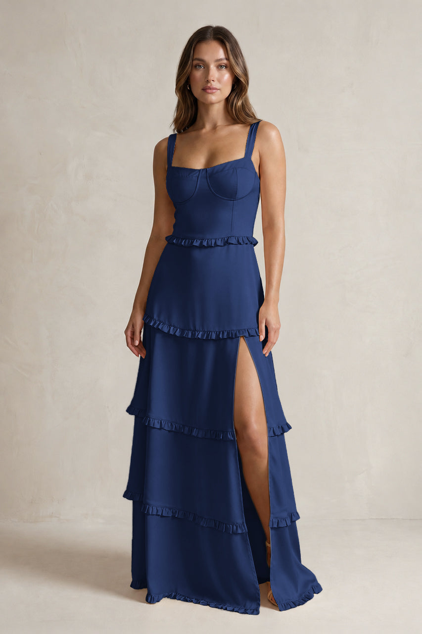 Tiered Ruffled A-Line Bridesmaid Dress With Slit in Navy