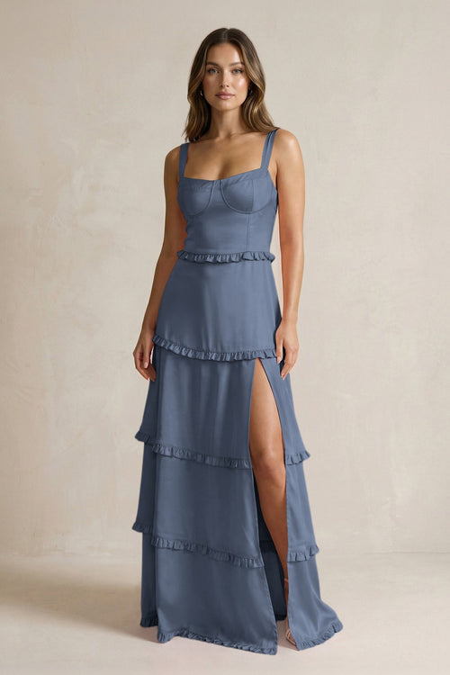 Tiered Ruffled A - Line Bridesmaid Dress With Slit in Neptune - KISS BRIDAL Bridesmaid Dresses