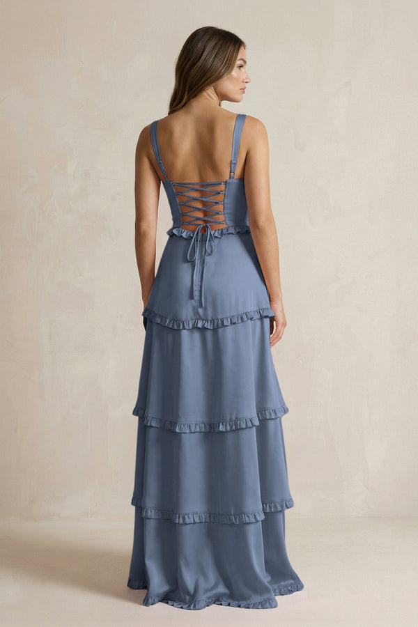 Tiered Ruffled A - Line Bridesmaid Dress With Slit in Neptune - KISS BRIDAL Bridesmaid Dresses