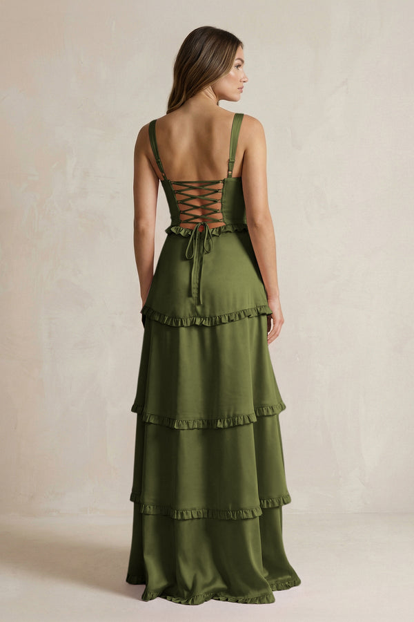 Tiered Ruffled A - Line Bridesmaid Dress With Slit in Olive - KISS BRIDAL Bridesmaid Dresses