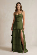 Tiered Ruffled A - Line Bridesmaid Dress With Slit in Olive - KISS BRIDAL Bridesmaid Dresses