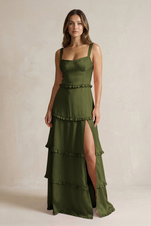 Tiered Ruffled A - Line Bridesmaid Dress With Slit in Olive - KISS BRIDAL Bridesmaid Dresses
