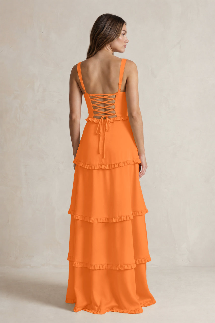 Tiered Ruffled A-Line Bridesmaid Dress With Slit in Orange