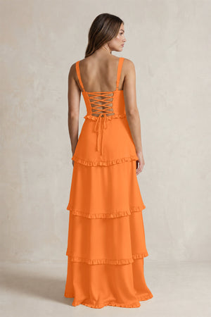 Tiered Ruffled A-Line Bridesmaid Dress With Slit in Orange (2) | KISSBRIDAL