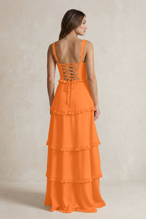 Tiered Ruffled A-Line Bridesmaid Dress With Slit in Orange (2) | KISSBRIDAL