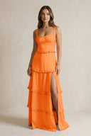 Tiered Ruffled A - Line Bridesmaid Dress With Slit in Orange - KISS BRIDAL Bridesmaid Dresses