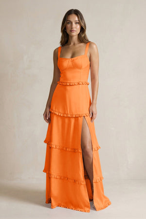 Tiered Ruffled A - Line Bridesmaid Dress With Slit in Orange - KISS BRIDAL Bridesmaid Dresses