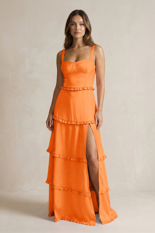 Tiered Ruffled A - Line Bridesmaid Dress With Slit in Orange - KISS BRIDAL Bridesmaid Dresses