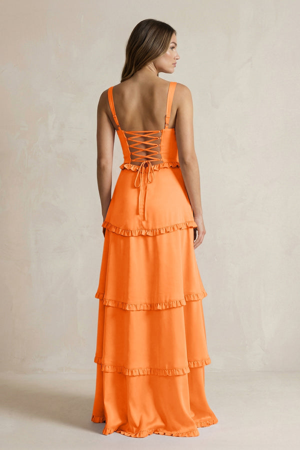 Tiered Ruffled A - Line Bridesmaid Dress With Slit in Orange - KISS BRIDAL Bridesmaid Dresses