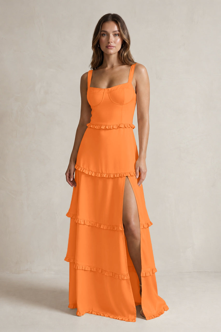 Tiered Ruffled A-Line Bridesmaid Dress With Slit in Orange