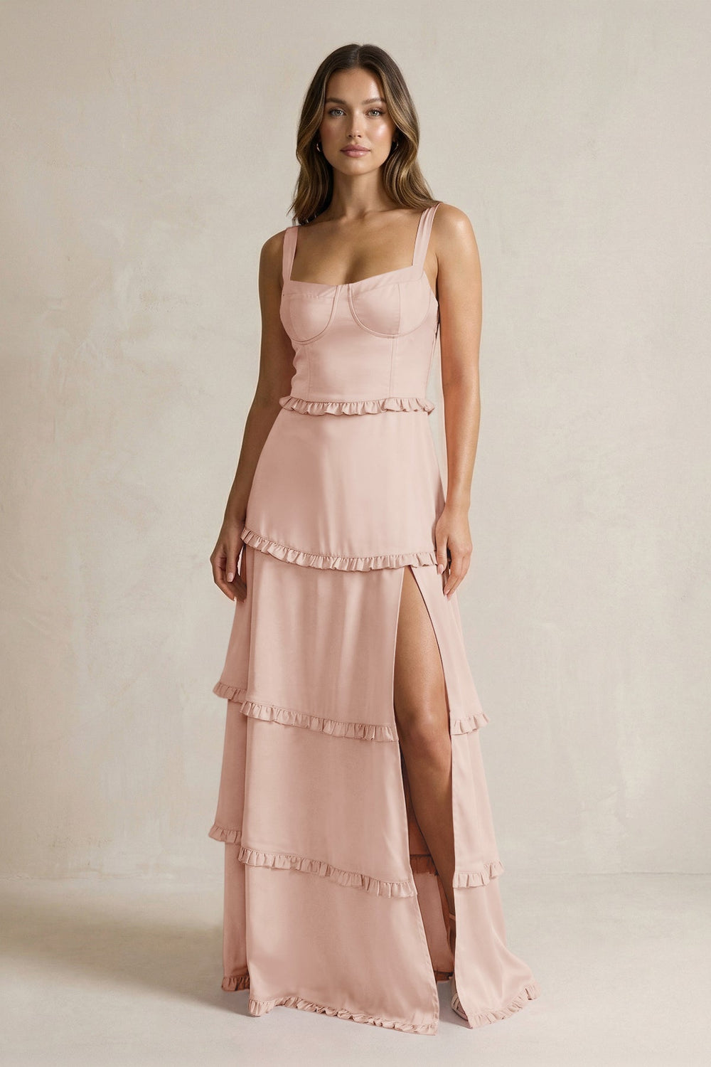 Tiered Ruffled A - Line Bridesmaid Dress With Slit in Pale Blush - KISS BRIDAL Bridesmaid Dresses