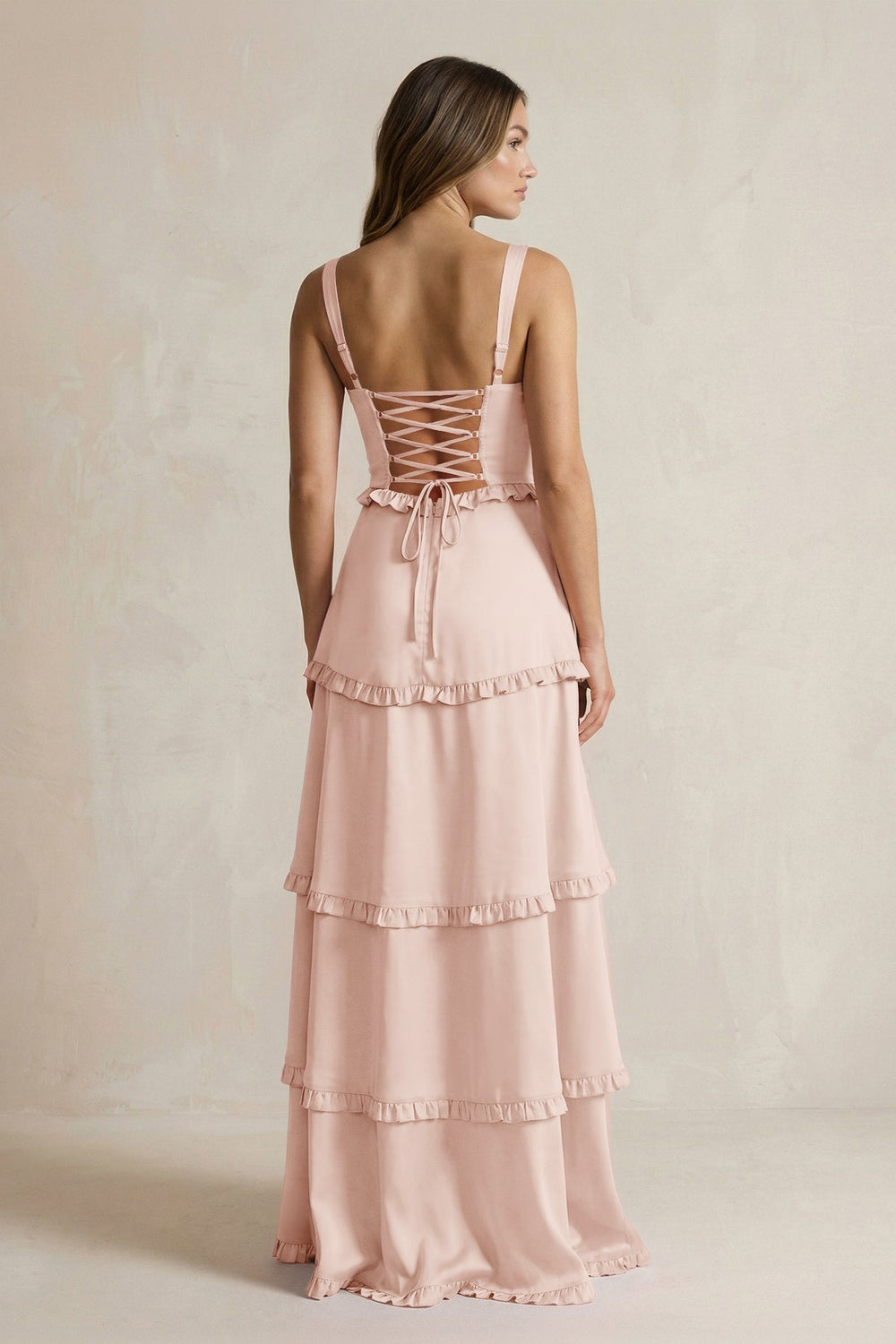 Tiered Ruffled A - Line Bridesmaid Dress With Slit in Pale Blush - KISS BRIDAL Bridesmaid Dresses
