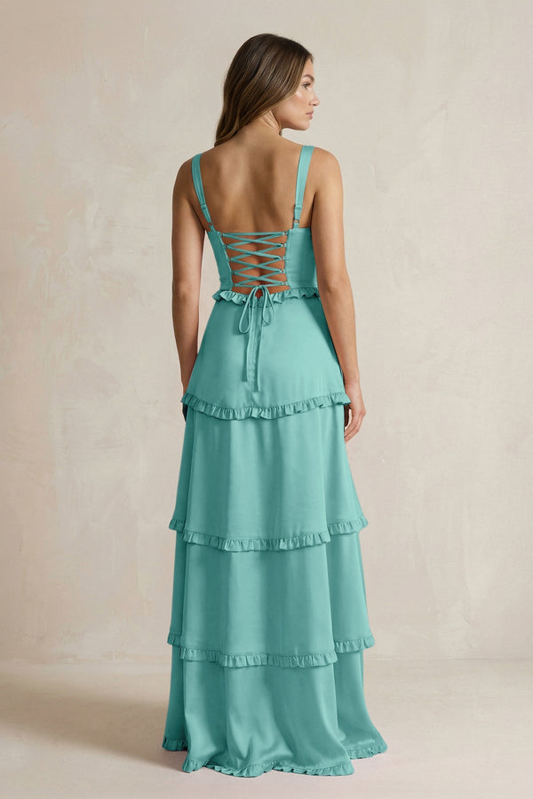 Tiered Ruffled A - Line Bridesmaid Dress With Slit in Pale Pistachio - KISS BRIDAL Bridesmaid Dresses