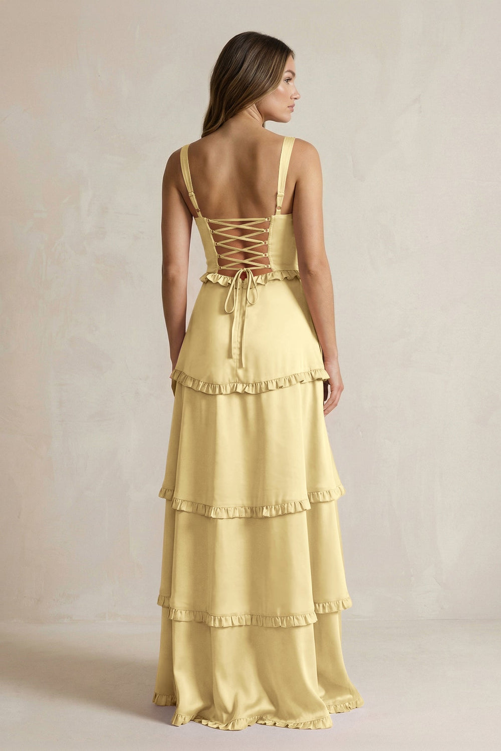 Tiered Ruffled A - Line Bridesmaid Dress With Slit in Pastel Yellow - KISS BRIDAL Bridesmaid Dresses