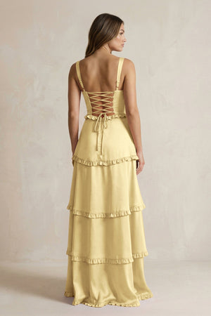 Tiered Ruffled A - Line Bridesmaid Dress With Slit in Pastel Yellow - KISS BRIDAL Bridesmaid Dresses