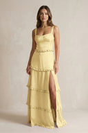 Tiered Ruffled A - Line Bridesmaid Dress With Slit in Pastel Yellow - KISS BRIDAL Bridesmaid Dresses