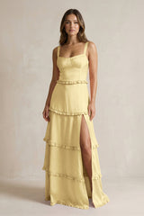 Tiered Ruffled A - Line Bridesmaid Dress With Slit in Pastel Yellow - KISS BRIDAL Bridesmaid Dresses